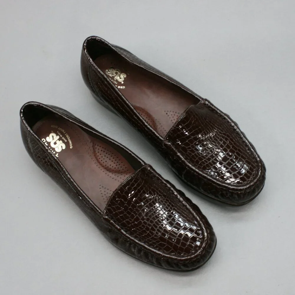 SAS Ladies 9.5 WW Extra Wide Simplify Brown Patent Croc Flats Loafers Shoes USA - Picture 6 of 12